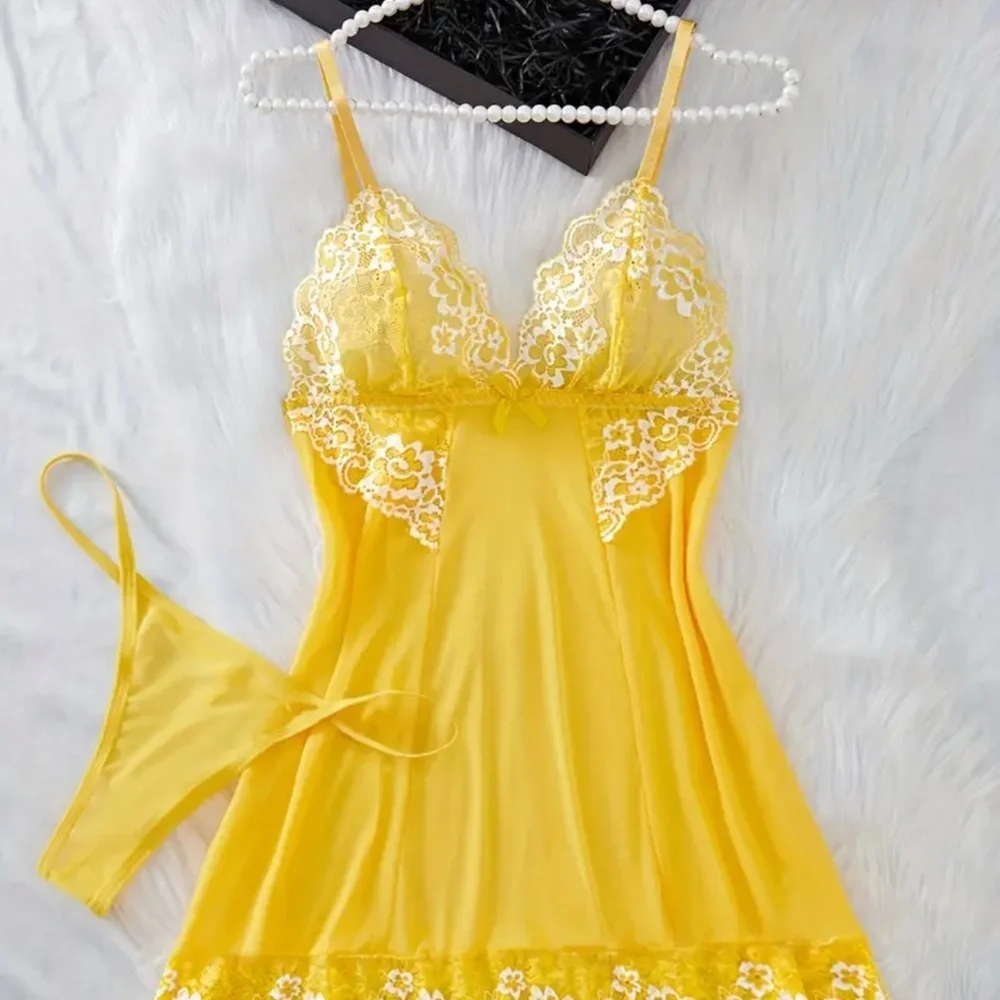 NWT New Fashion Yellow Lace Nightgown Slip Dress Size S
